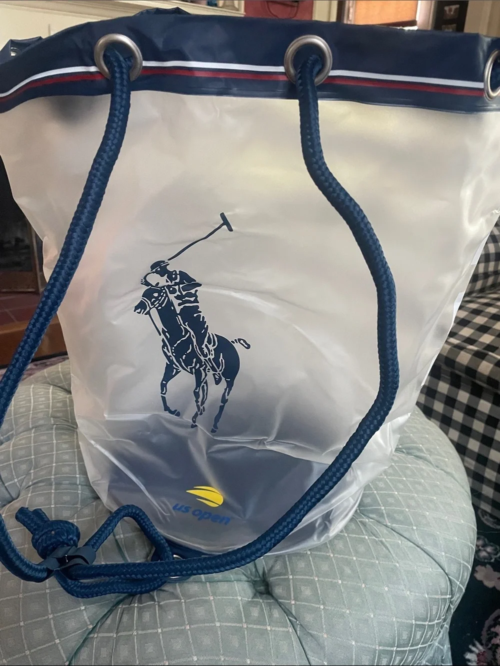 Polo by Ralph Lauren Navy, White and Gold Striped Drawstring Tote/Back Pack